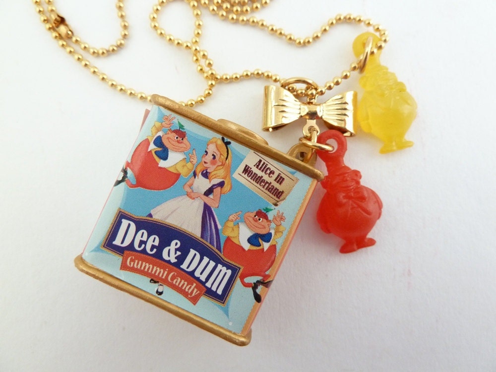 Tweedle Dee and Tweedle Dum Alice In Wonderland Necklace Dee and Dum gummi candy charms with gold bow charm great for theme tea party