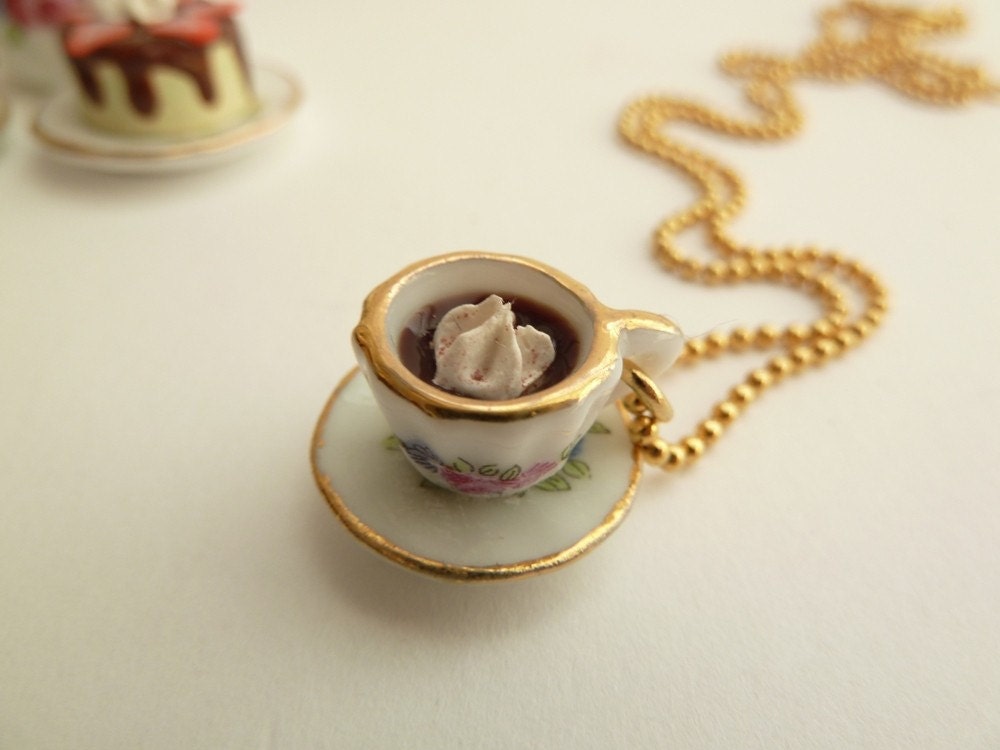 Alice In Wonderland Necklace miniature cup of coffee Charm with whipped cream fake cupcake white frosting time for tea party birthday girls