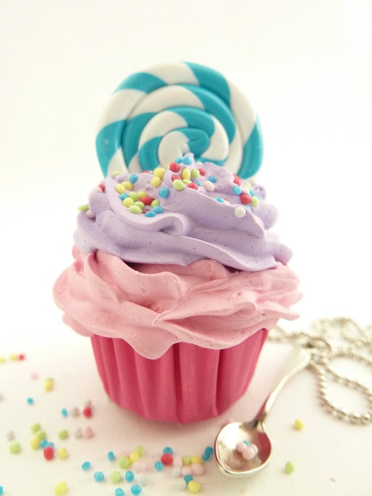 Lollipop Cupcake Necklace with small spoon Charm alice in wonderland with silver ball chain pink and purple frosting ,birthday girls party