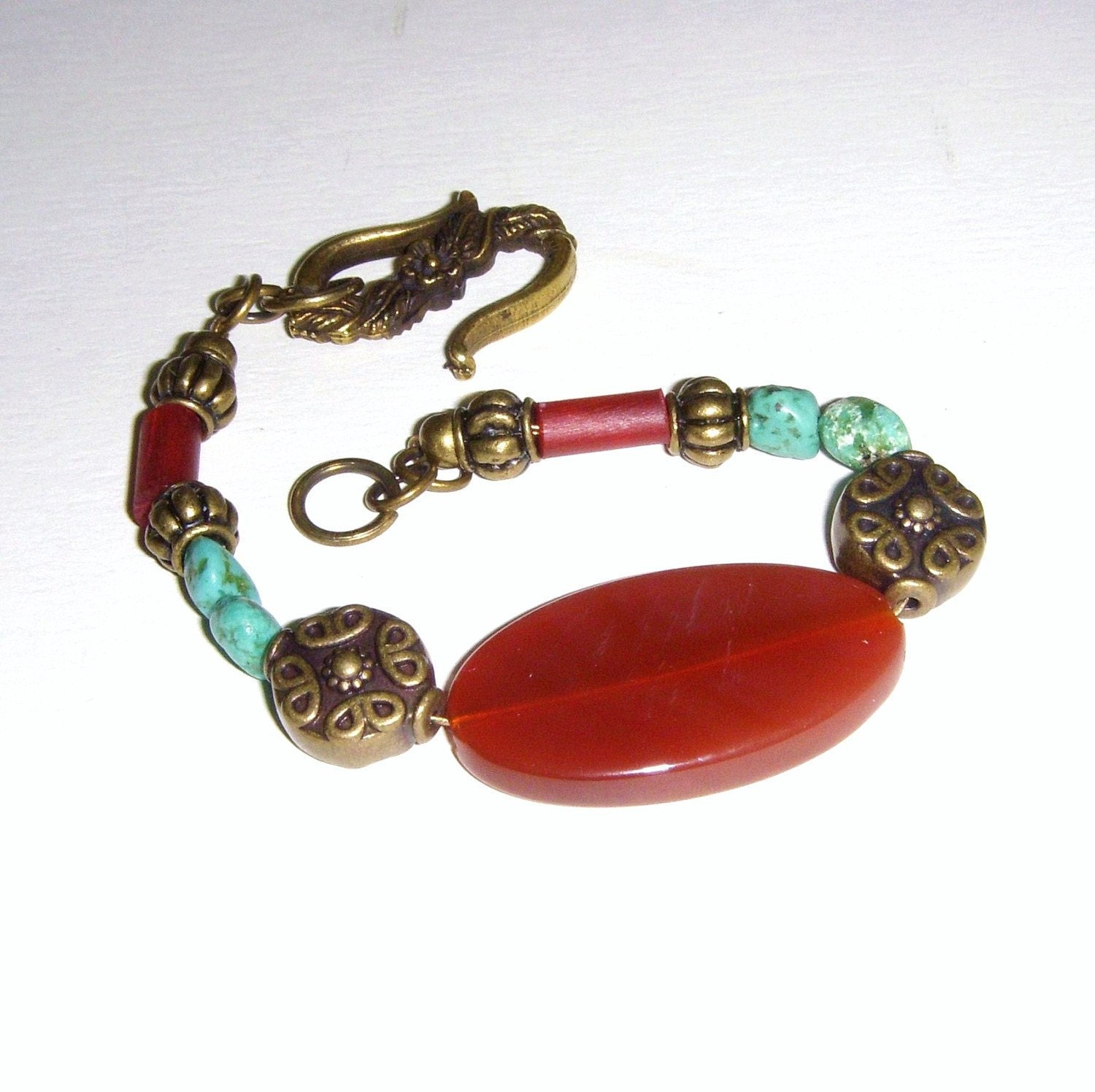 Bracelet, Red Agate, Turquoise, Antiqued Brass B149