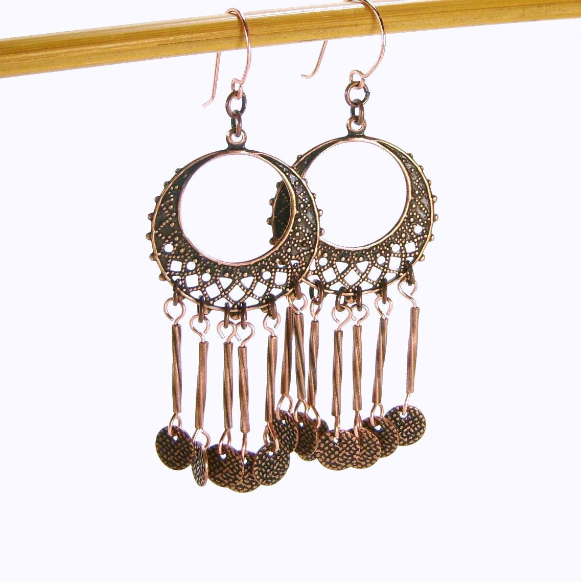 Earrings, Hoop, Bohemian Gypsy Copper Filigree Hoop E398