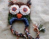 Newborn Baby Boy Owl Hat with Earflaps "Green, Brown, Blue"