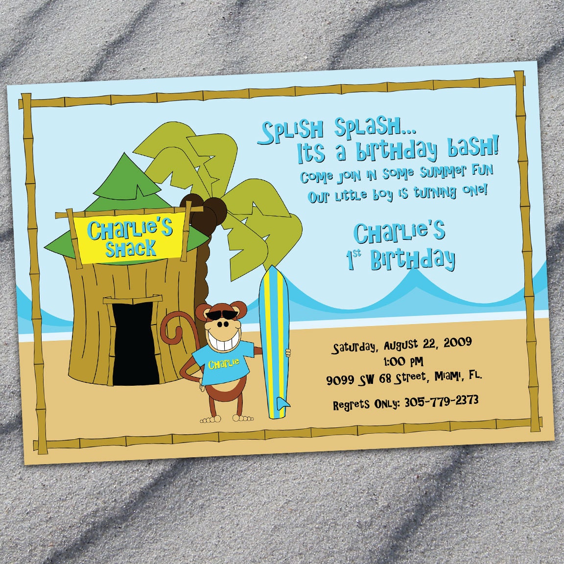 PERSONALIZED Beach Monkey Birthday Party Invitation (Digital File)