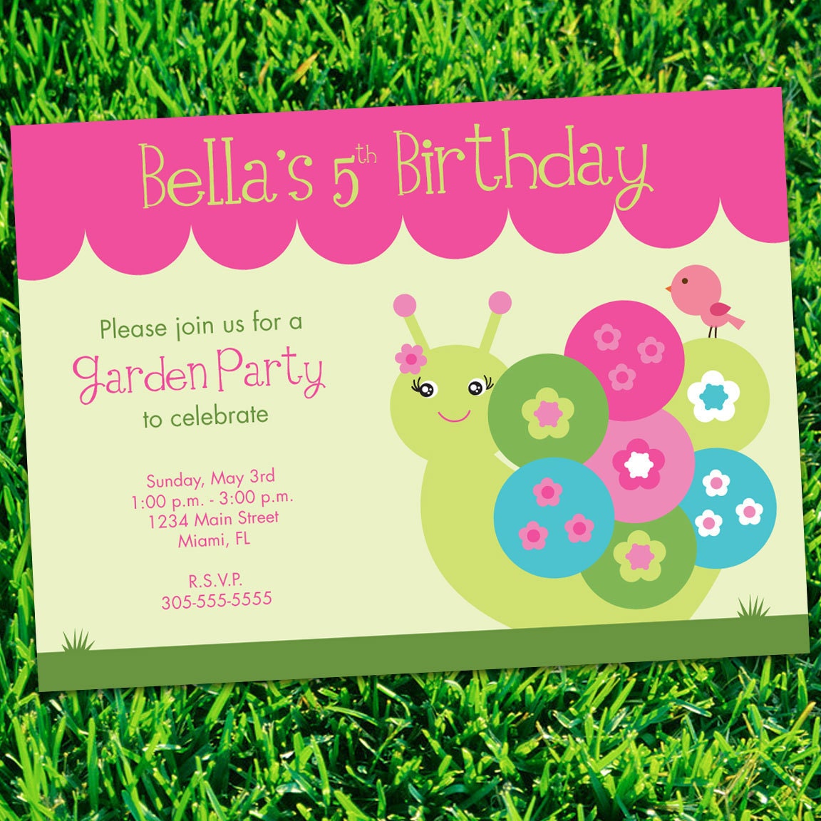 PERSONALIZED Spring Garden Snail Birthday Party Invitations (Digital File)