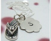 SALE -Hand Stamped Necklace - Flip Flop Charm Necklace with Personalized Flower Tag