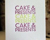 happy birthday (cake & presents) letterpress card