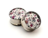 Vintage Floral Design Picture Plugs gauges - 2g, 0g, 00g, 1/2, 9/16, 5/8, 3/4, 7/8, 1 inch
