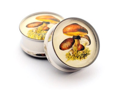 Mushroom Picture Plugs gauges - 00g, 1/2, 9/16, 5/8, 3/4, 7/8, 1 inch STYLE 3