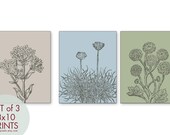 Wild Flowers Botanical Prints (Series A)-Set of 3-8x10-(Colors: Sage Green, Mushroom and Slate Blue)