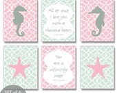 Nursery Nautical Seahorse & Starfish Prints (Set of 6 - 11x14 Prints) (Colors Featured: Pink Lemonade and Quartz Green )