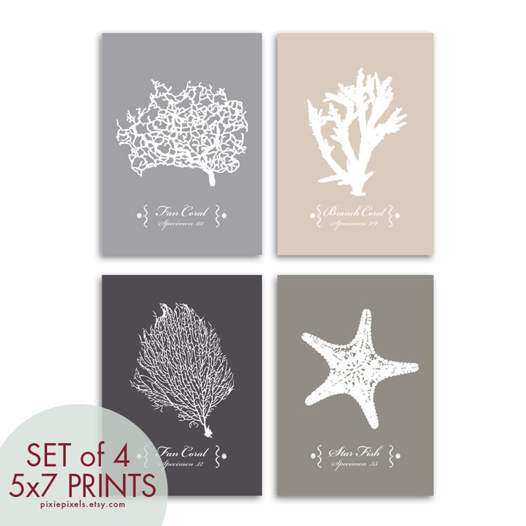 Underwater Sea Coral Collection  (Series A) -Set of 4 - 5x7 - (Nautical Beach Inspired Theme) Customizable colors