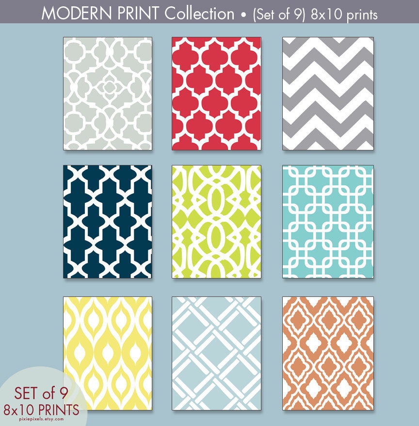 Modern Pattern Prints (Series B) Set of 9 - 8x10 Art Prints (Featured in Assorted Colors)