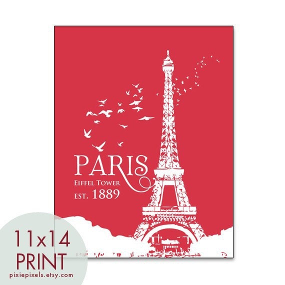 Eiffel Tower -Paris Travel Posters- 11x14 PRINT (Featured in Ruby Red) 40 colors to choose from