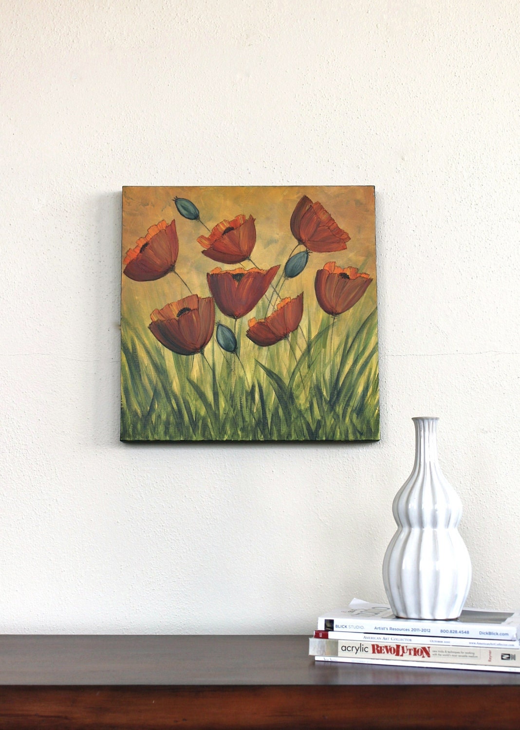 Orange Poppies original acrylic painting yellow flowers