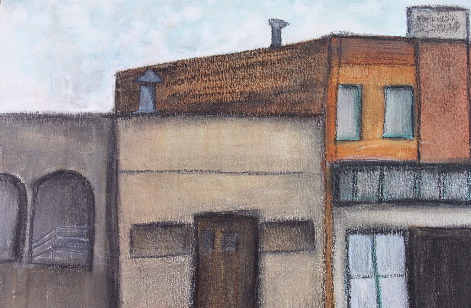 urban buildings industrial street scene original art acrylic painting on wood Tacoma Commerce Street