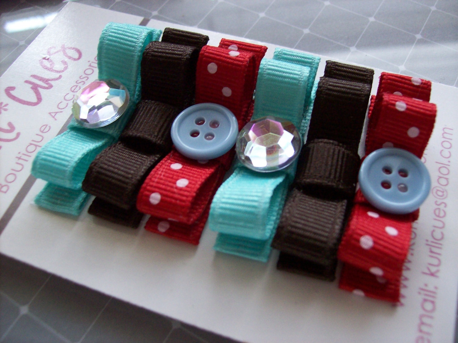 Tuxedo Bow Boutique Clippies with Embellishments -Set of 6 Itty Bitty Clips - Snap Clips Available