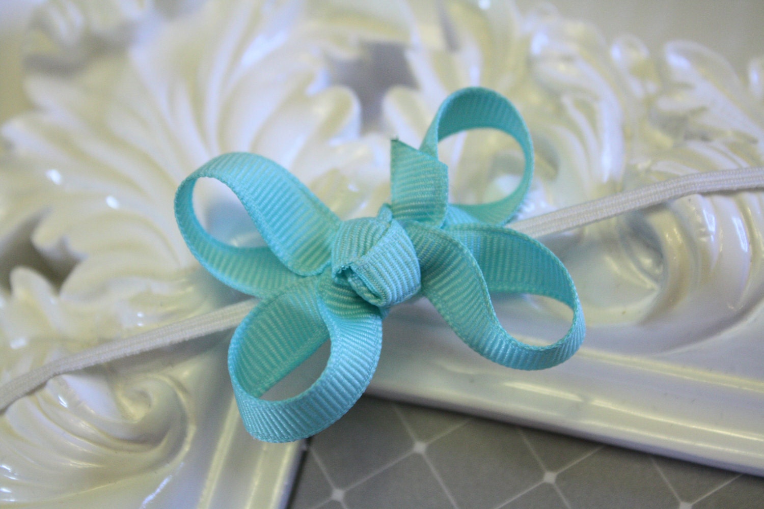 Itty Bitty Baby Bow Headband - AQUA Hair Bow on Skinny Elastic Headband - 40 Colors Available