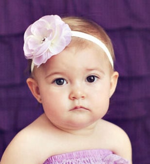 Beautiful Lavender & Cream Flower on ivory headband with rhinestone center.  Perfect photo prop with my rompers, more colors available