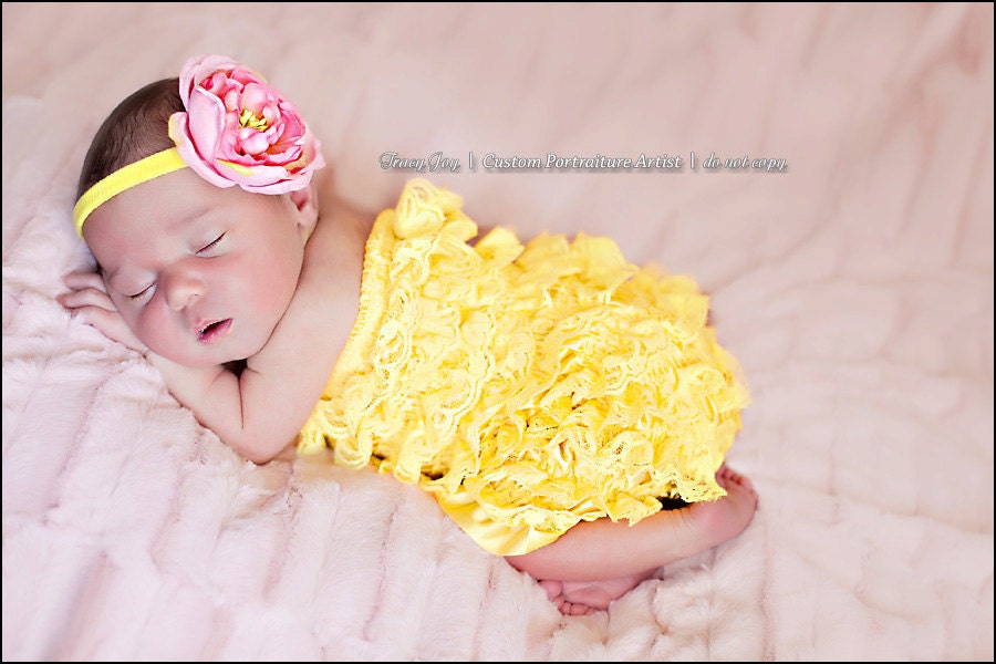 You Pick Size. Chicaboo Yellow Ruffled lace petti romper / bloomer. Sizes for ages newborn to 4/5 years. More Colors available