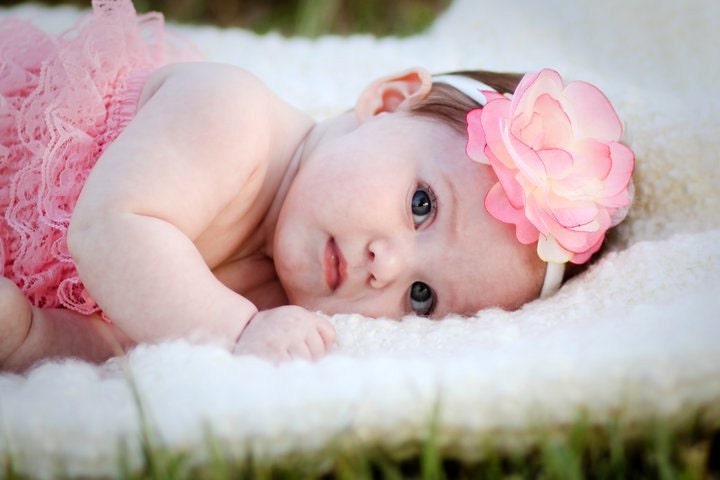 Beautiful Peachy Pink & soft yellow Flower headband with rhinestone center. Perfect photo prop with my Peachy pink romper