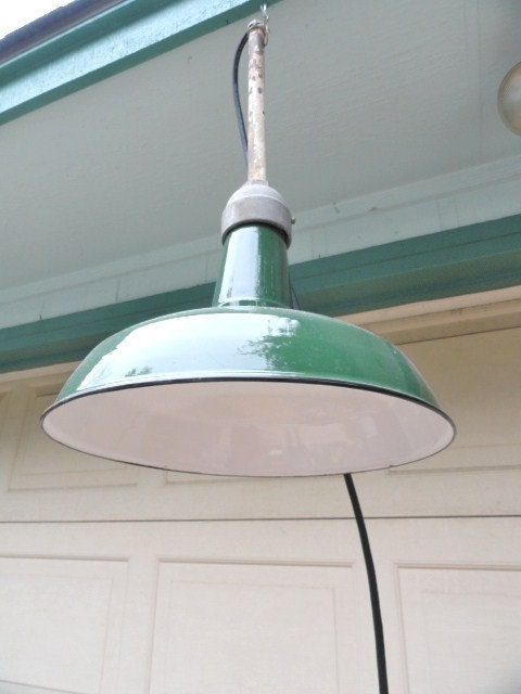 Reserved for Rebecca 2 Vintage Industrial Pendant Lamp Light Factory Green Porcelain Metal Wired