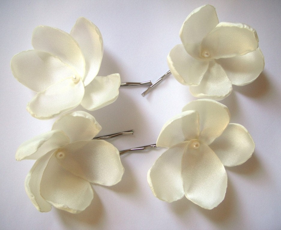 ivory cream white rose blossom wedding flower bobby pins (set of 4)