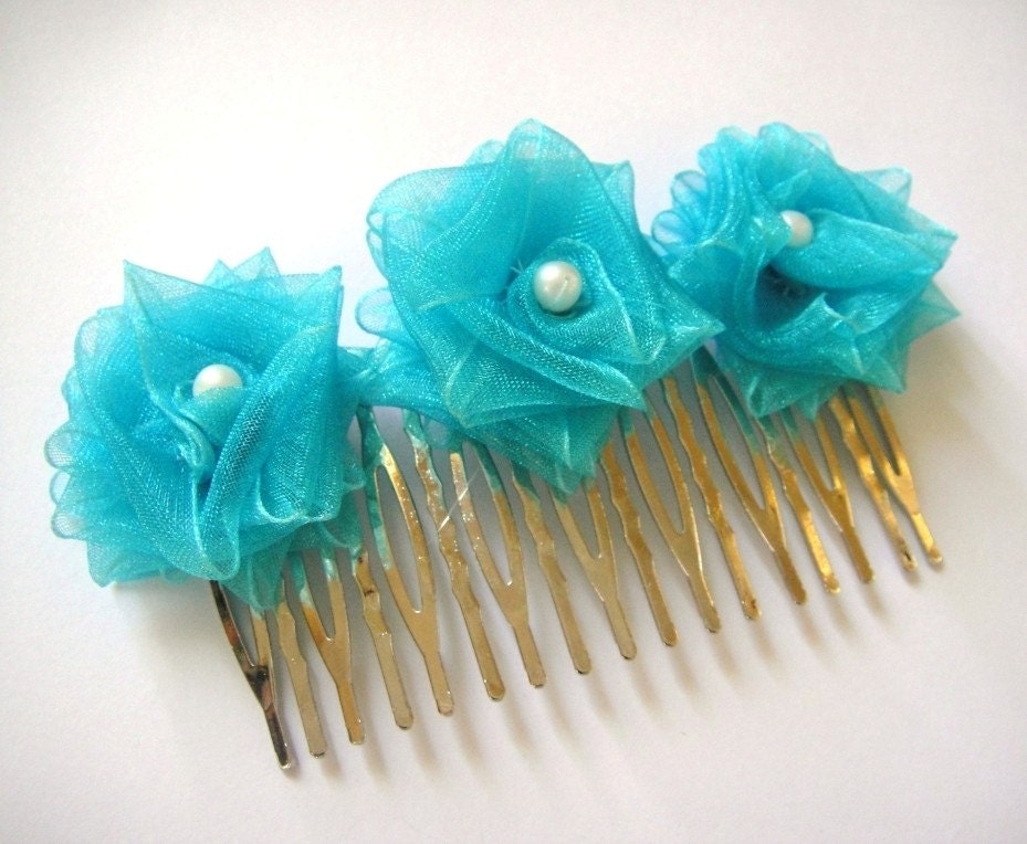 aqua blue roses blossom flower hair comb