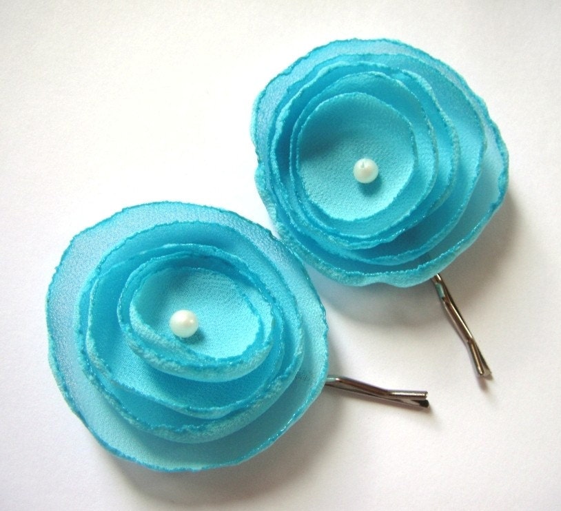 ON SALE aqua poppy rose blossom flower bobby pins (2 pieces)