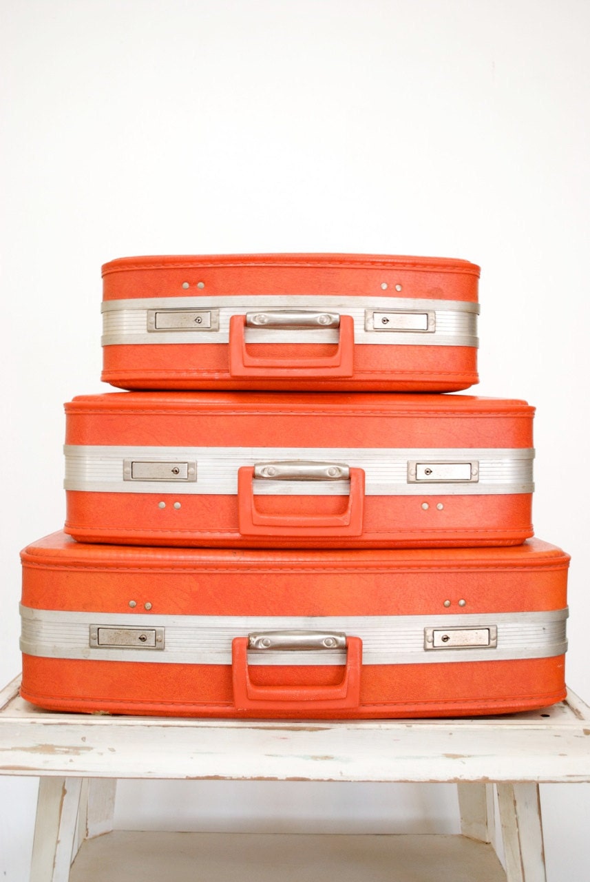 Reserved for Anna Swanson Vintage Red Orange Luggage, Set of 3 Suitcases