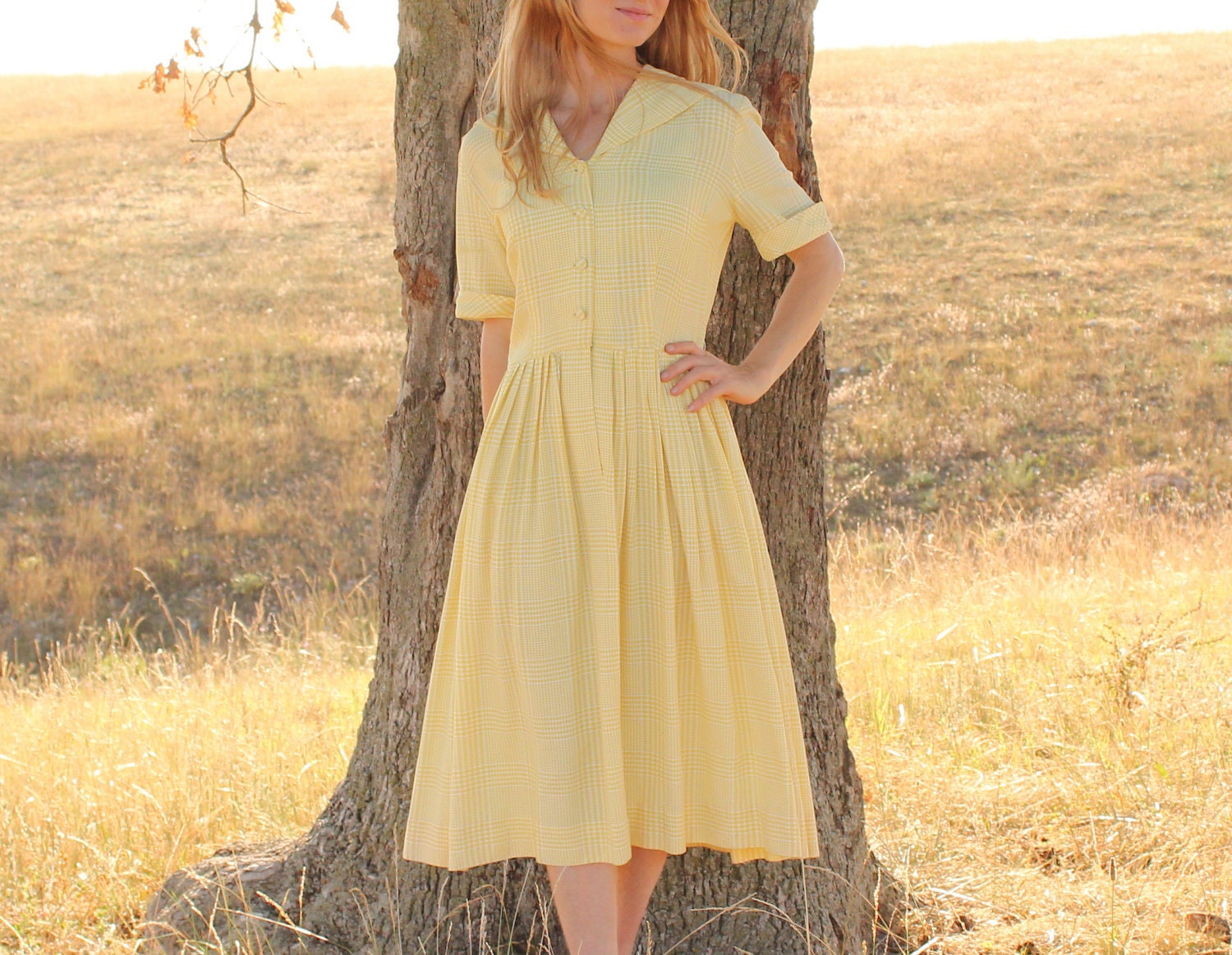 RESERVED Vintage 1950s Summer Day Dress in Yellow Plaid w Sailor Collar . Mad Men . Womens Large
