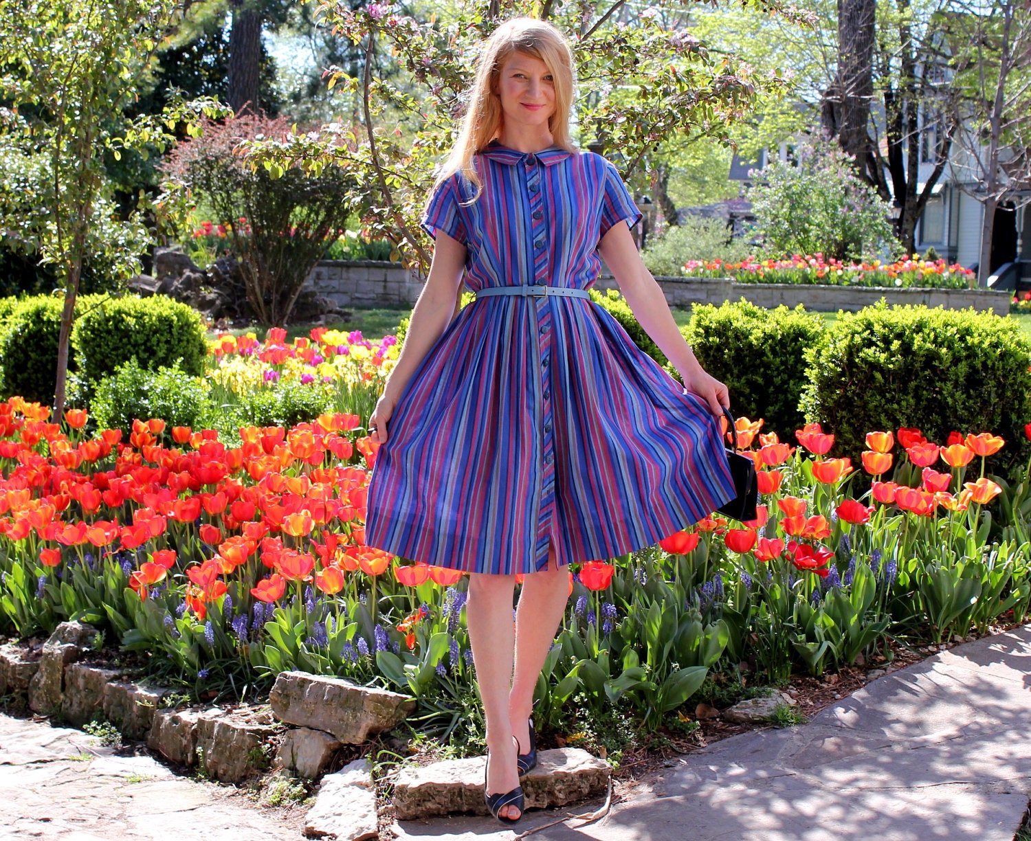 Vintage 1950s Day Dress Peter Pan Collar & Pleated Skirt in Colorful Stripes Medium to Large