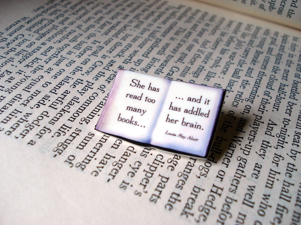 Literary quote brooch - she has read too many books and it has addled her brain
