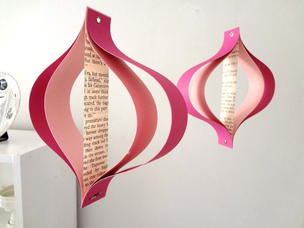Valentines Day paper decorations, recycled romance novels, retro geometric curves, pink white