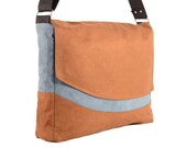 Copper and Cornflower Blue Microsuede Messenger Bag with Indigo Floral Lining