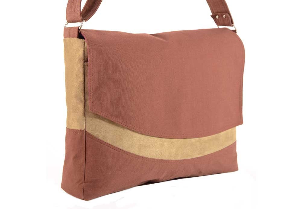 Brown and Taupe Curved Messenger Bag with Magenta Lining