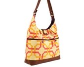 Red and Gold Graphic Print Shoulder Bag with Purple Lining