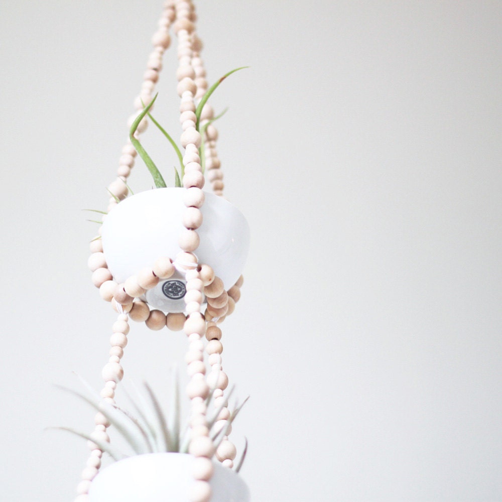 Small Tiered Beaded Hanging Planter with Cups / Scandinavian Modern Plant Hanger / Natural Wood Beads