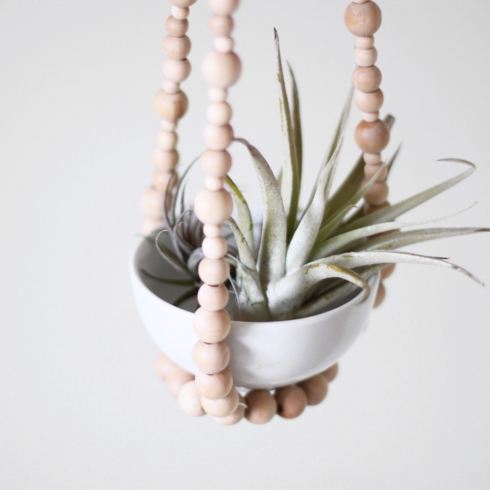 Small Tiered Beaded Hanging Planter with Cups / Scandinavian Modern Plant Hanger / Natural Wood Beads