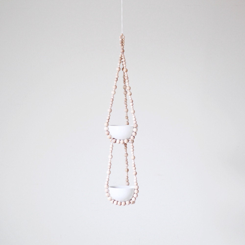 Small Tiered Beaded Hanging Planter with Cups / Scandinavian Modern Plant Hanger / Natural Wood Beads