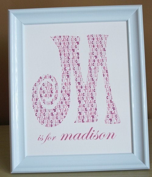 Alphabet Initial is for child's name - 11x14 Print, pink, blue, beige, green and candy colors