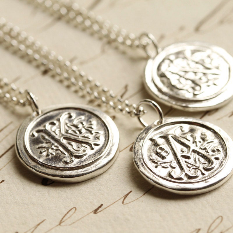 Old English Initial Wax Seal Necklace - Any Letter of the Alphabet - Fine Silver, Sterling Silver