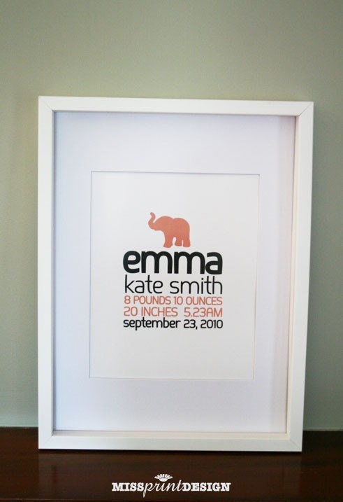 Elephant Baby Nursery Art, Personalized, Baby Shower Gift 8x10
