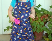 Child's Full Apron, Blue Atomic Spaceships, Unisex, One of a Kind