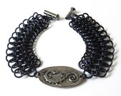 Black celtic bracelet, Dragon, Gothic chainmaille bracelet, Black and silver, Reversible