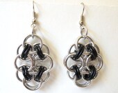 Chainmaille earrings, Helm flowers, Rosettes, Black and silver, Large