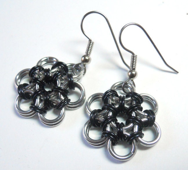Flower earrings, Black and Silver, Chainmaille, Aluminum, Japanese 12-in-2 weave