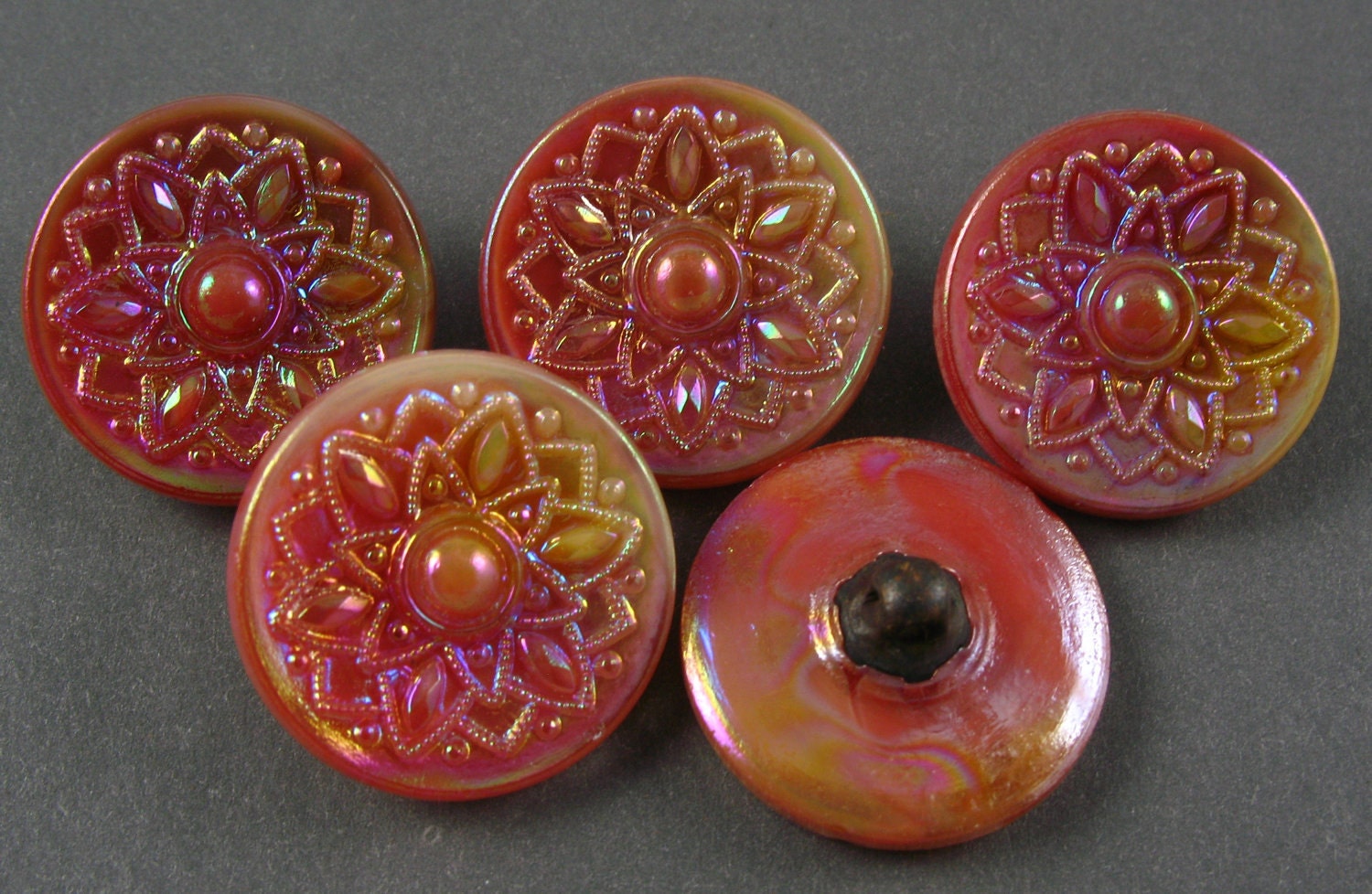 Vintage Czech Glass Buttons - 5 Salmon Glass with AB