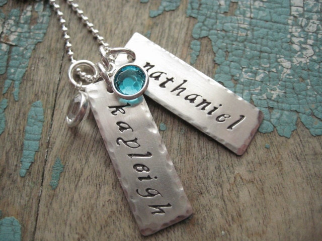 Personalized sterling silver hammered tags with birthstones necklace