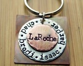 Hand Stamped Sturdy Mixed Metal Keyring Keychain with sterling silver and copper customized with family names for dad, mom, or grandpa