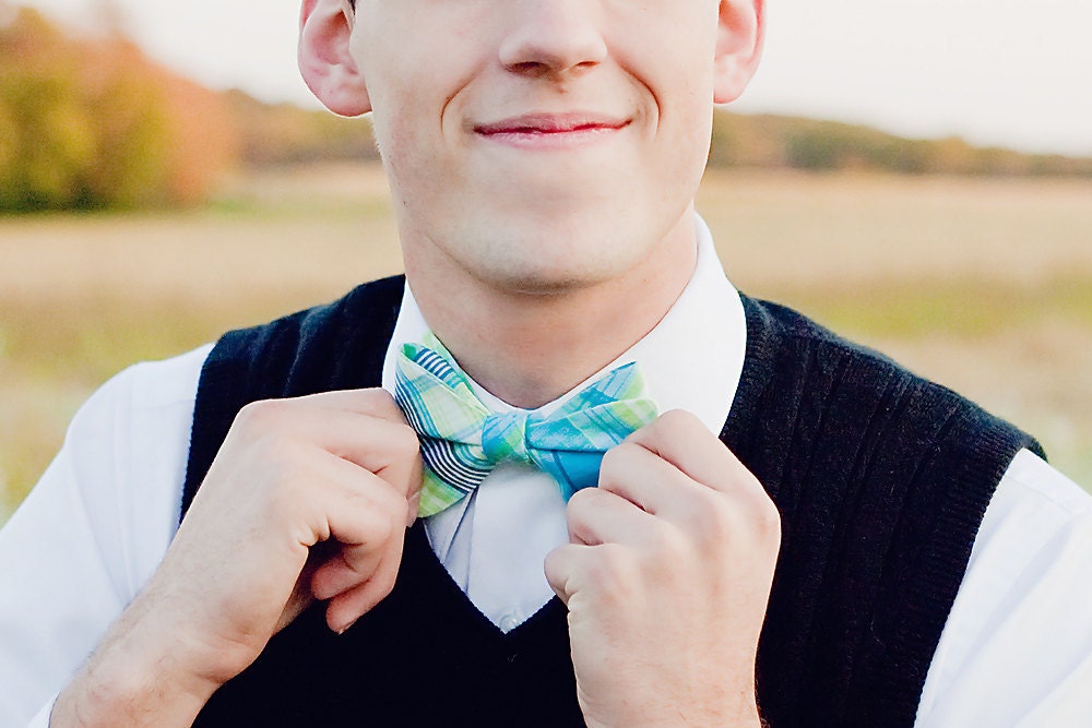 The Beau- men's freestyle preppy plaid bow tie- aqua and lime